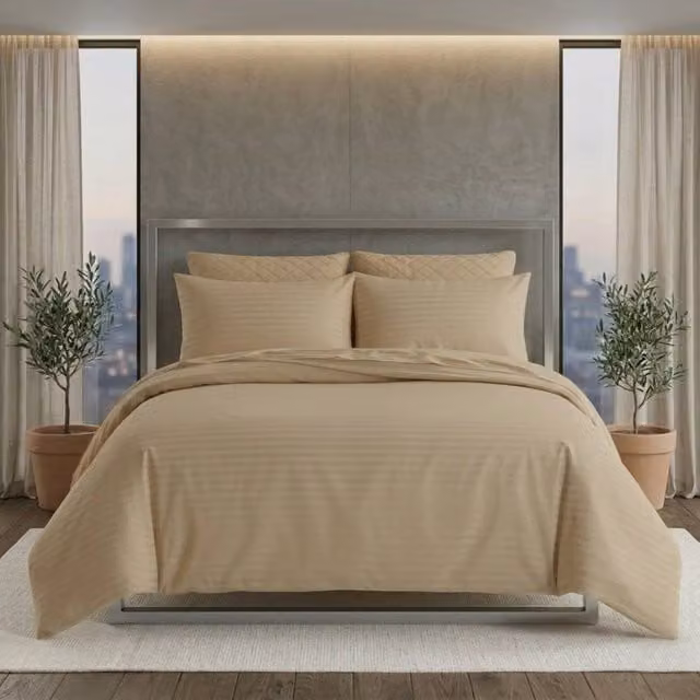 Snug City Luxury Satin Stripe Cotton Rich Duvet Cover Set, Beige, W: 180 cm, H: 200 cm – 1