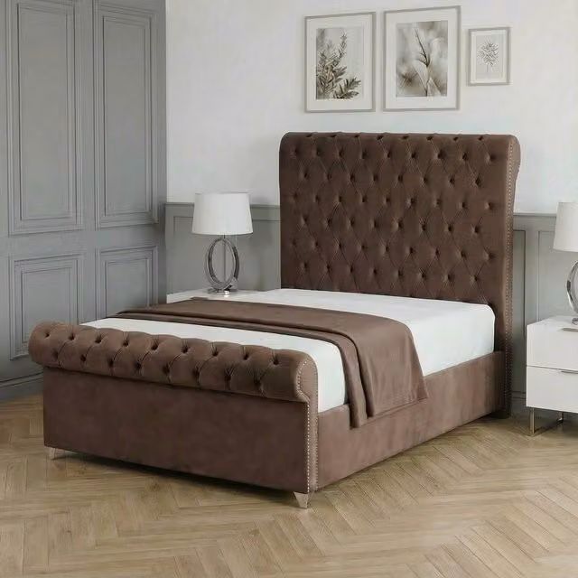 Living Comfort Bedz Regency Sleigh Slatted Base Upholstered Bed in Brown, Single, W/D/H: 90 x 190 cm