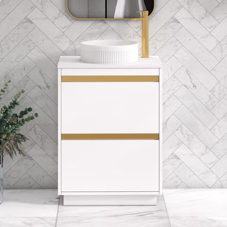 Royal Bathrooms Orion 600mm Matt White Floor Standing 2 Drawer Vanity Unit with Round Basin and Brushed Brass Accent Trim
