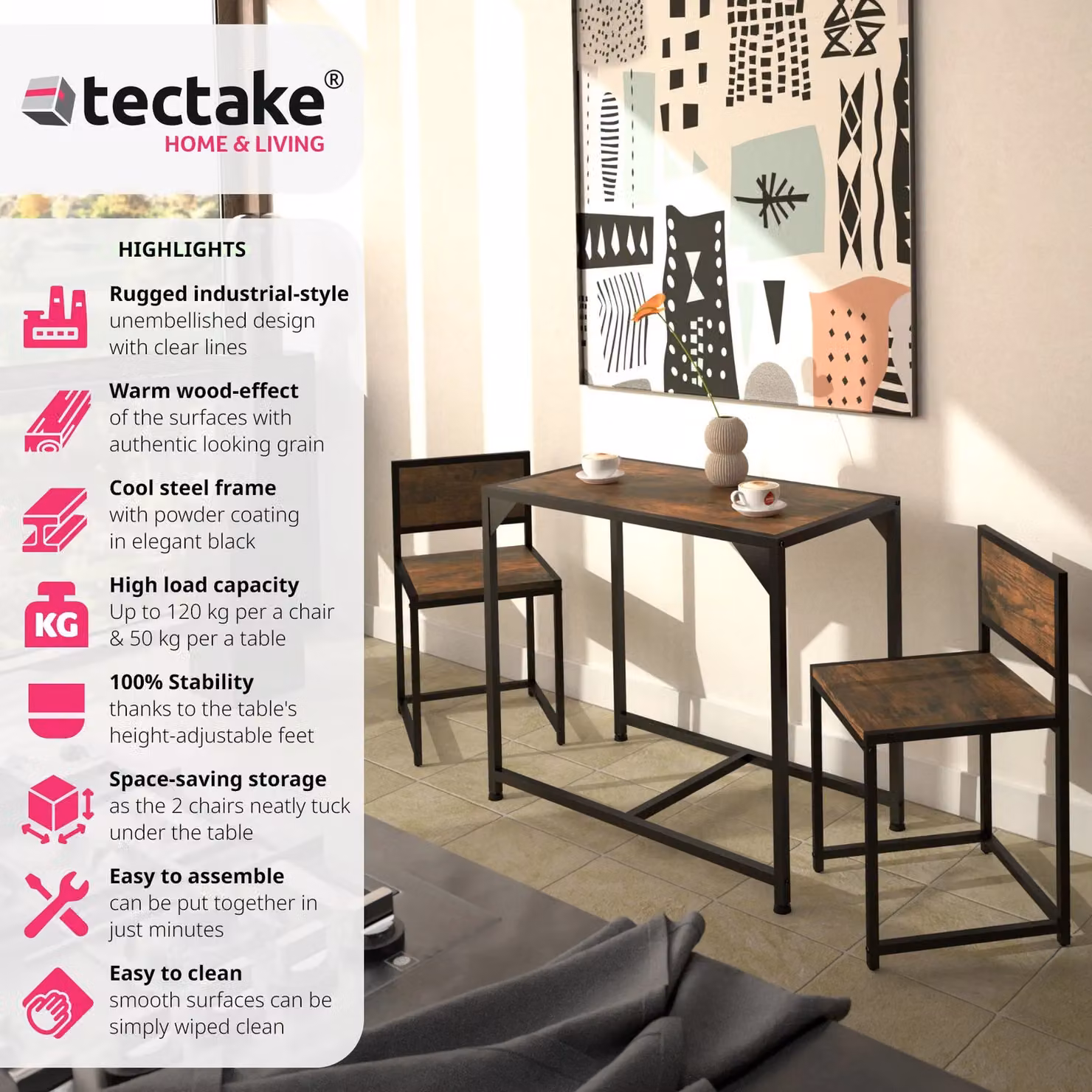 tectake Milton 3-piece Dining Table and Chairs Set in Brown – 2