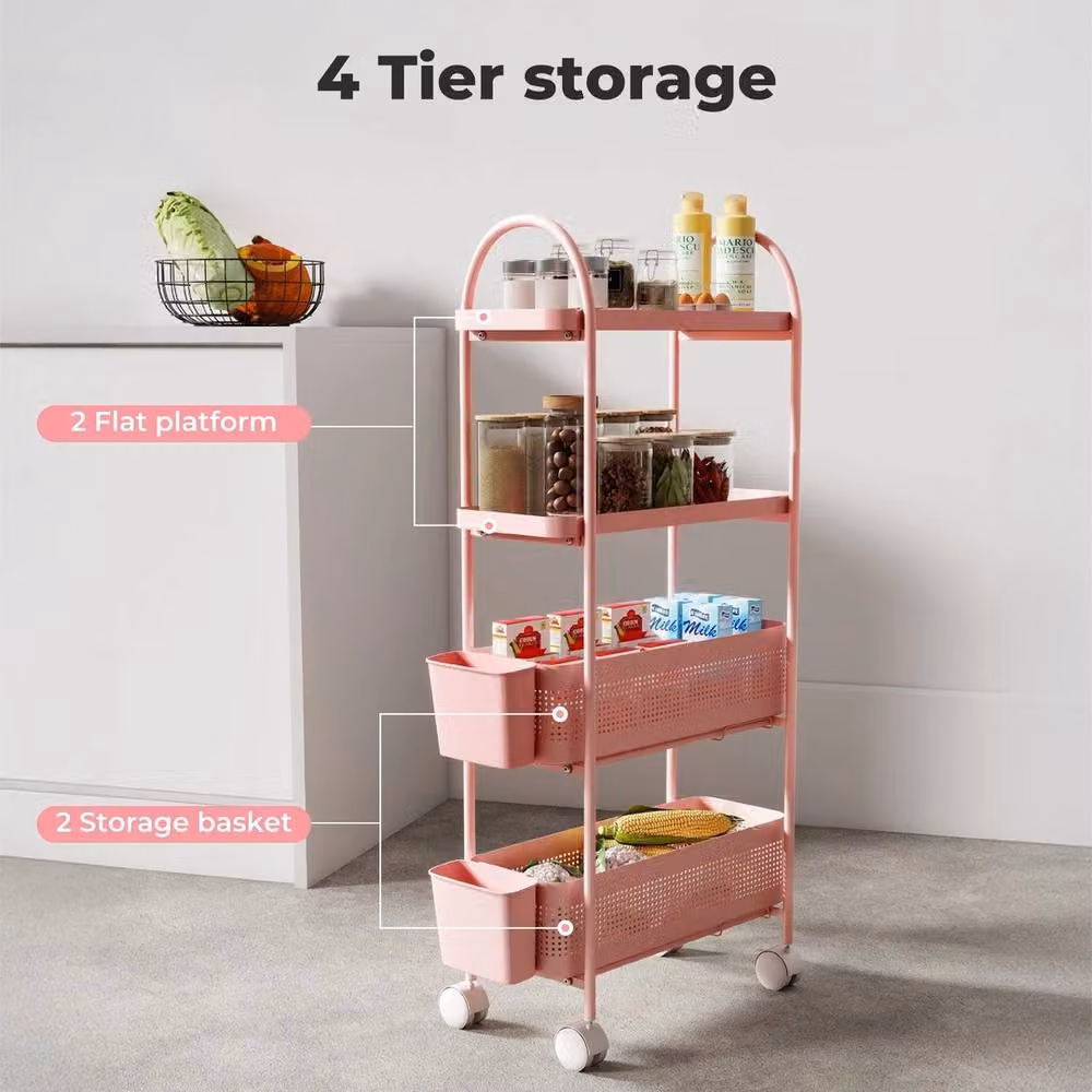 VOGREX Pink Metal 4-Tier Rolling Kitchen Storage Trolley – 3