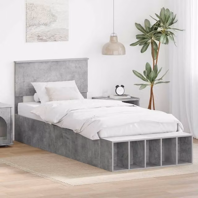 Berkfield Home Modern Bed Frame with Bedside Shelf in Concrete Grey, Engineered Wood, W/D/H: 90 x 200 cm
