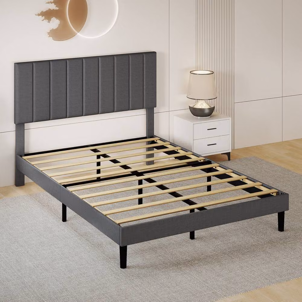 Levede Upholstered Fabric Bed Frame in Grey, W/D/H: 180 x 150 x 200 cm – 2