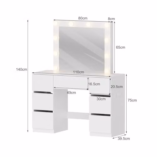 WestWood Modern White Dressing Table with LED Mirror, 7 Drawers and Charging Station, W: 110 cm, D: 39.5 cm, H: 140 cm – 2
