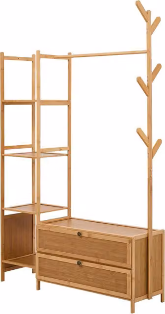 Livingandhome Minimalist Brown Wooden Hall Tree with Bench and Dual Hook and Rail Matrix