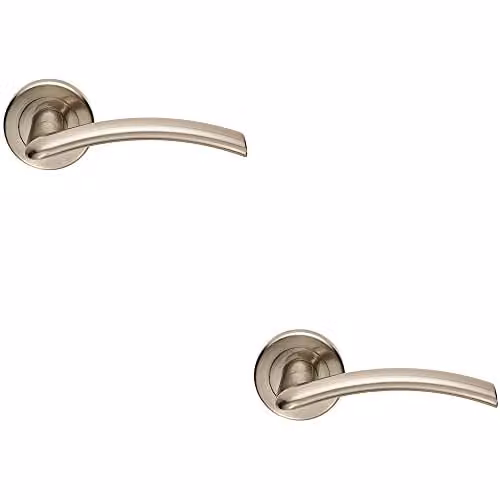 Loops Flat Arched Style Door Handle on Round Rose with Concealed Fix, Satin Nickel, 2 Pack