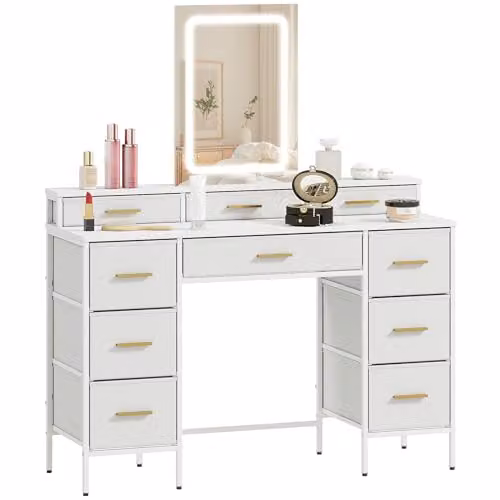 HOMCOM Hollywood LED Dressing Table in White and Gold, W: 140 cm, D: 39.5 cm, H: 118.5 cm – 1