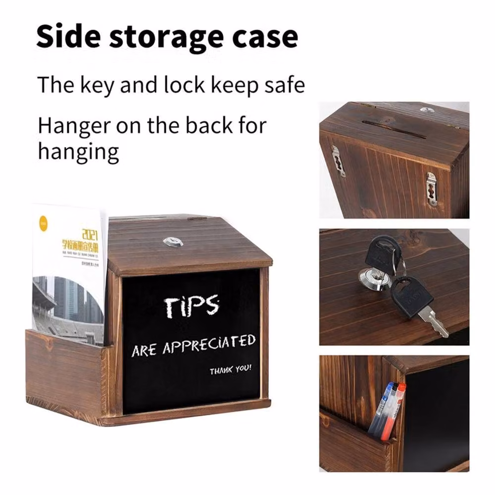 Nordara Wooden Suggestion Box and Donation Tip Jar with Lock and Chalkboard, Dark Brown – 3