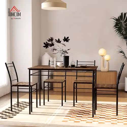 HOMCOM 5 Piece Dining Table and Chairs Set, Rectangular Oak Table with 4 Chairs, Black and Brown – 2