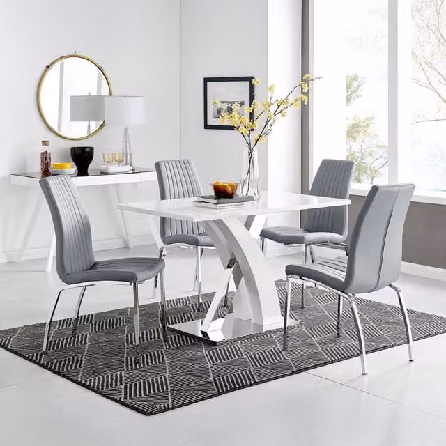 FurnitureboxUK Atlanta White Gloss and Chrome Rectangular Dining Table with 4 Grey Isco Dining Chairs