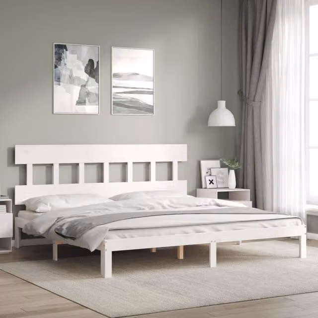 Berkfield Home Solid Pine Bed Frame with Headboard in White, 200 x 200 cm
