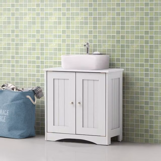Timber Art Design White Modern Freestanding Bathroom Under Sink Cabinet with 2 Internal Shelves and Hinged Doors