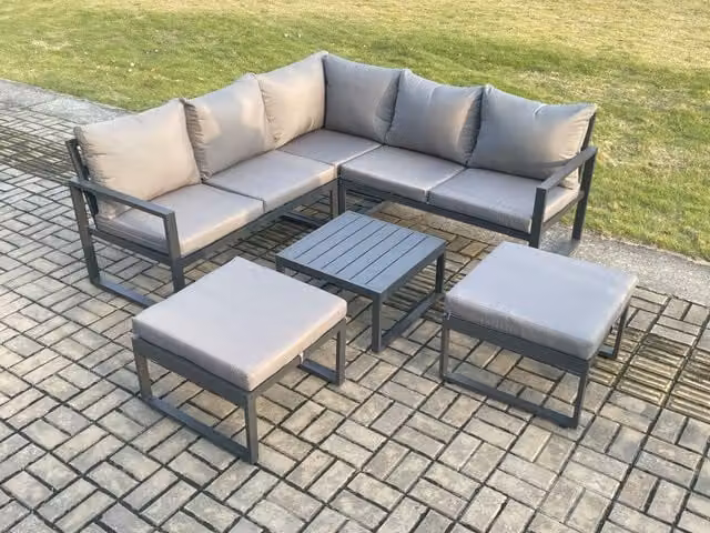 Fimous Outdoor Garden Furniture Set with L-Shape Lounge Sofa, Square Coffee Table and 2 Ottomans in Dark Grey Powder Coated Aluminium