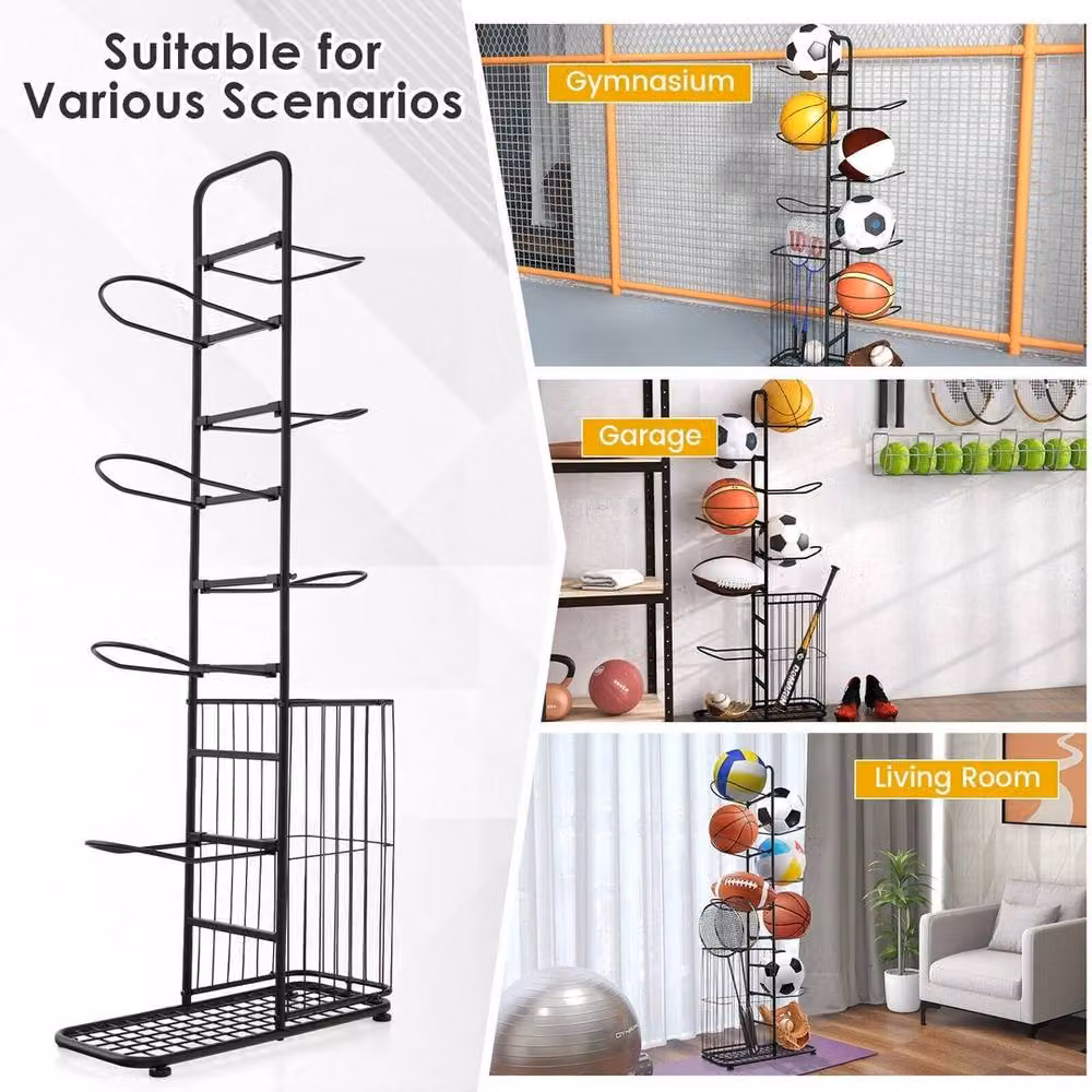 NESTLUNE 7-Tier Freestanding Metal Basketball Storage Rack in Black, W: 100 cm, D: 50 cm, H: 50 cm – 4