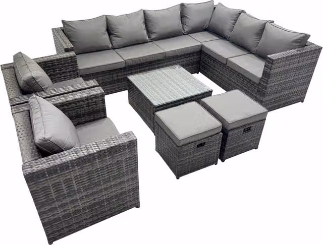 Fimous Garden Furniture Set with 3-Seater Sofa, 2 Chairs, 2 Stools and Cushions in Dark Grey