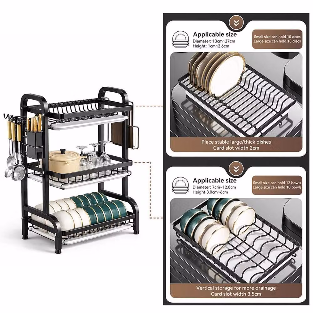 Kelvenix 3 Tier Dish Drying Rack Kitchen Drainer in Black with Cutlery Holder and Drip Tray – 4