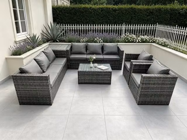 Fimous 8 Seater Rattan Garden Furniture Set with Upholstered Cushions and Coffee Table in Grey