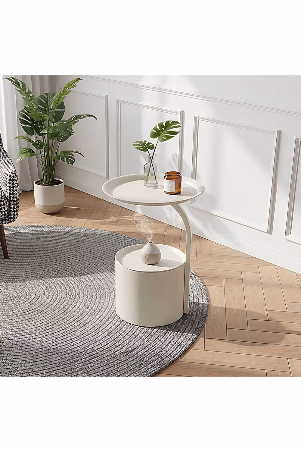 Living and Home Modern Round Metal Side Table with Cylindrical Storage in Matt White – 2