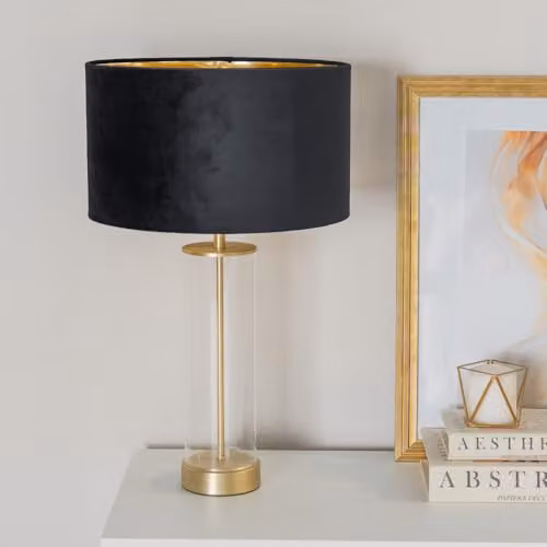 ValueLights Balan Table Lamp with Gold and Transparent Glass Tube and Black Velvet Inner Shade – 2