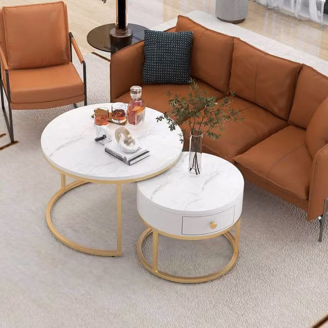 Merax Set of 2 Round Marble Effect Nesting Coffee Tables with Drawer in White and Gold – 1