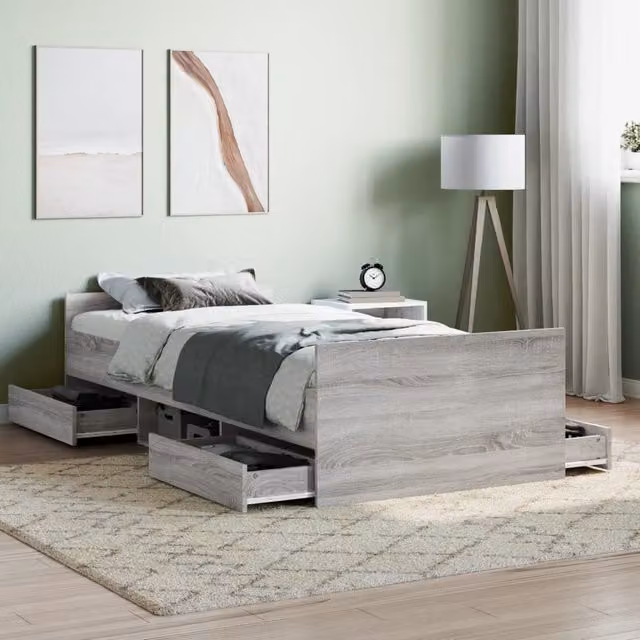 Berkfield Home Bed Frame with Headboard and Footboard in Grey Sonoma with Drawers, W/D/H: 90 x 200 cm