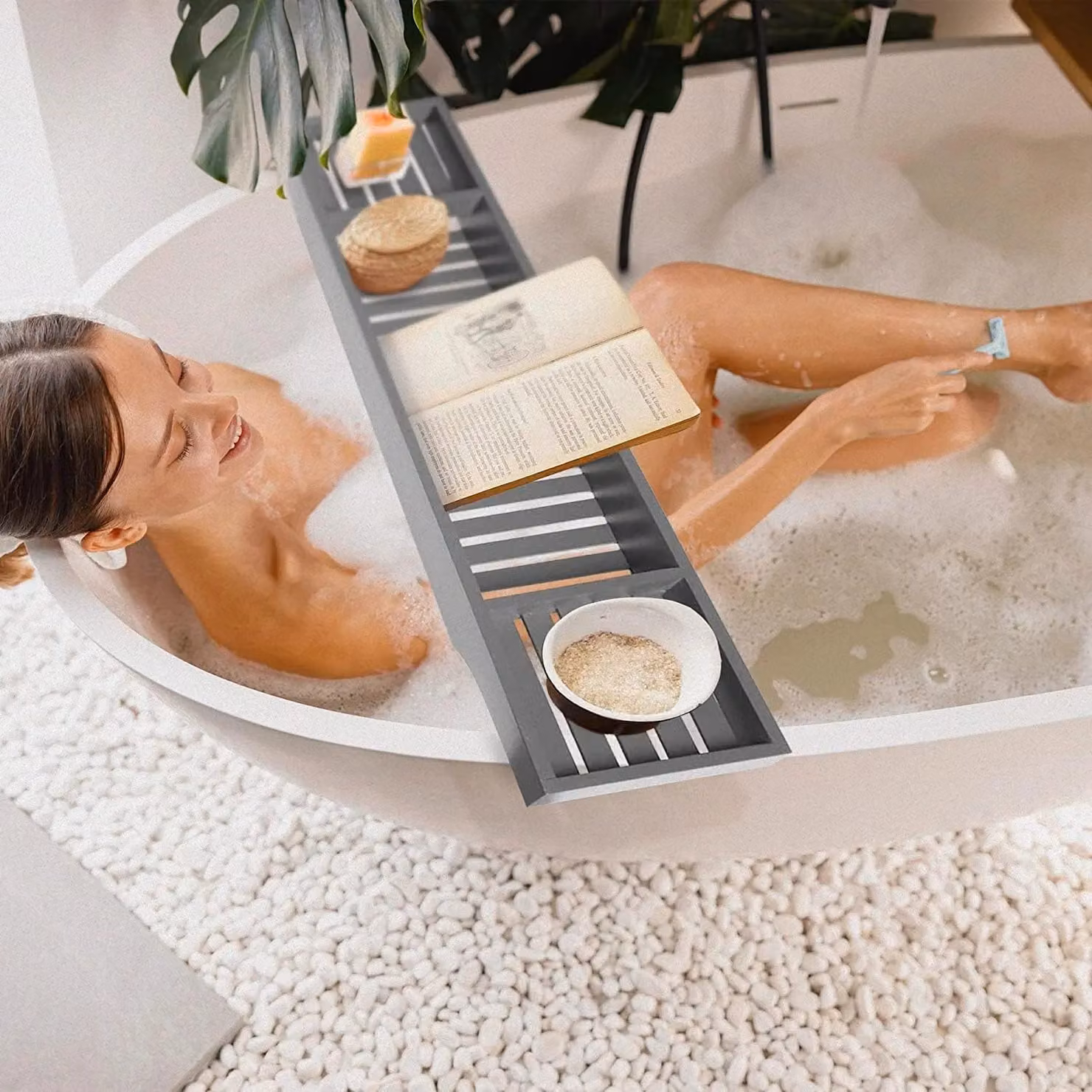 MANTRARAJ Bamboo Bath Caddy Tray Bridge in Grey – 2