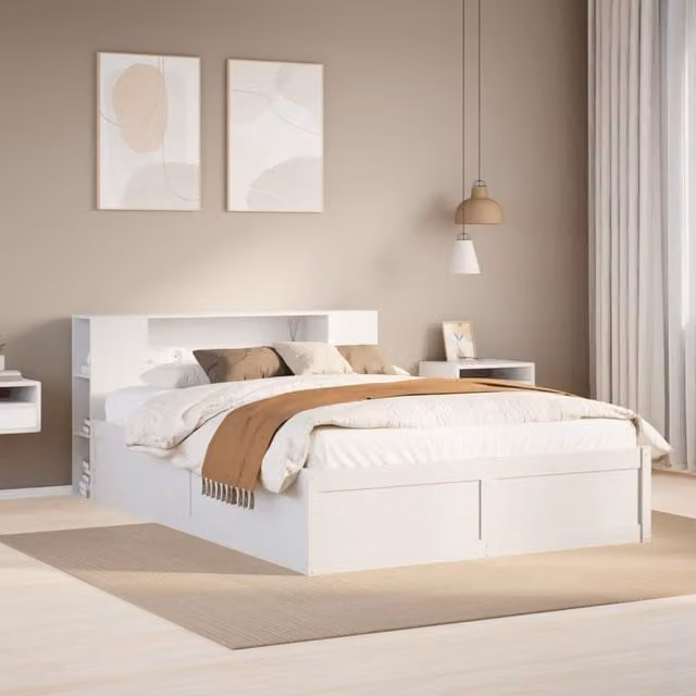 Berkfield Home White Solid Pine Wood Double Bed Frame W: 135 cm, L: 190 cm – 1