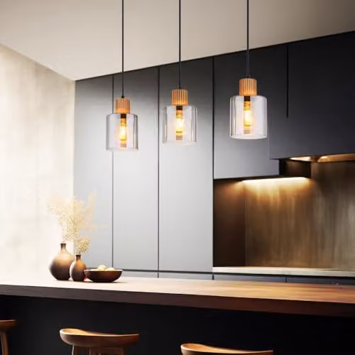 Globo Lighting Aleidis Bar Pendant Light with Smoke Glass and Wood, Black and Brown, H 120 cm – 2