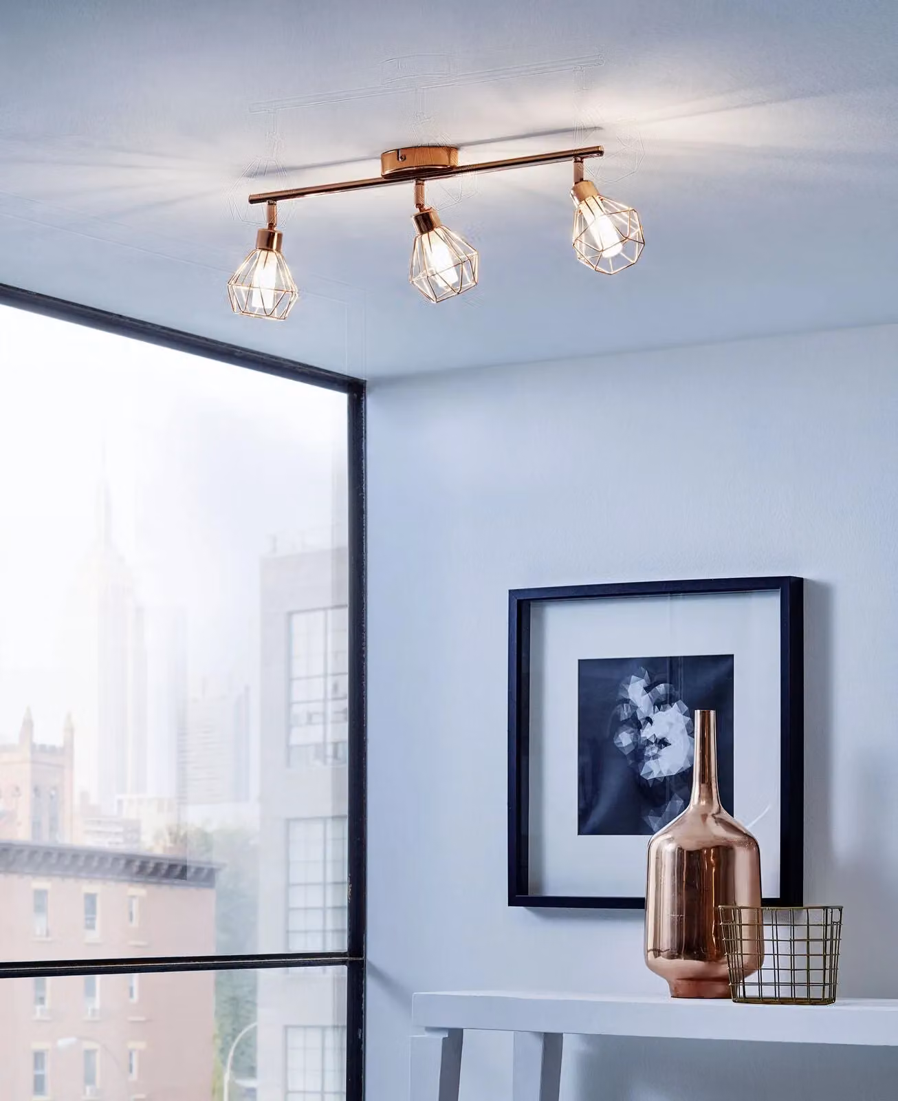 Loops Copper Geometric Wire Cage Ceiling Spot Light and 2x Matching Wall Lights – 2