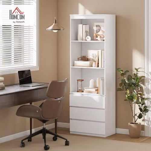 HOMCOM White Modern Tall Bookcase with 3 Shelves and 3 Drawers, H 180 x W 60 x D 35 cm – 2