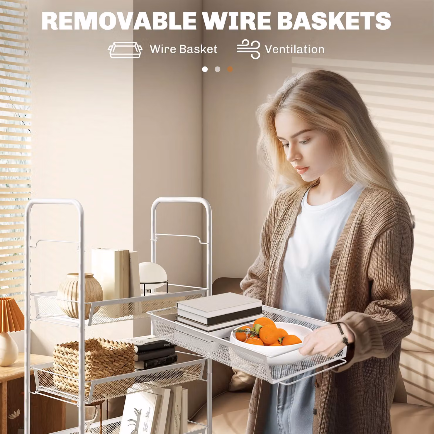 HOMCOM 5 Tier Utility Rolling Cart with Removable Metal Mesh Baskets, White – 5