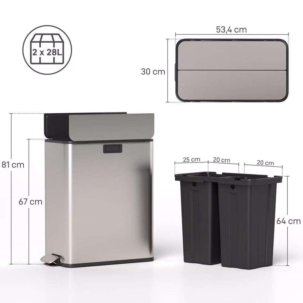 STILVORA Dual Compartment Stainless Steel Kitchen Pedal Bin with Soft Close and Removable Inner Buckets, Silver, 2 x 28L – 3