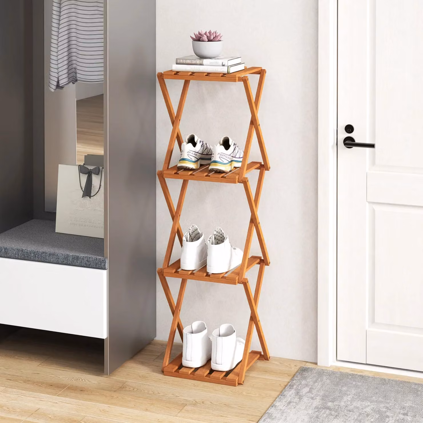 Costway 4-Tier Folding Plant and Shoe Rack with Natural Oiled Wood Frame in Brown – 3
