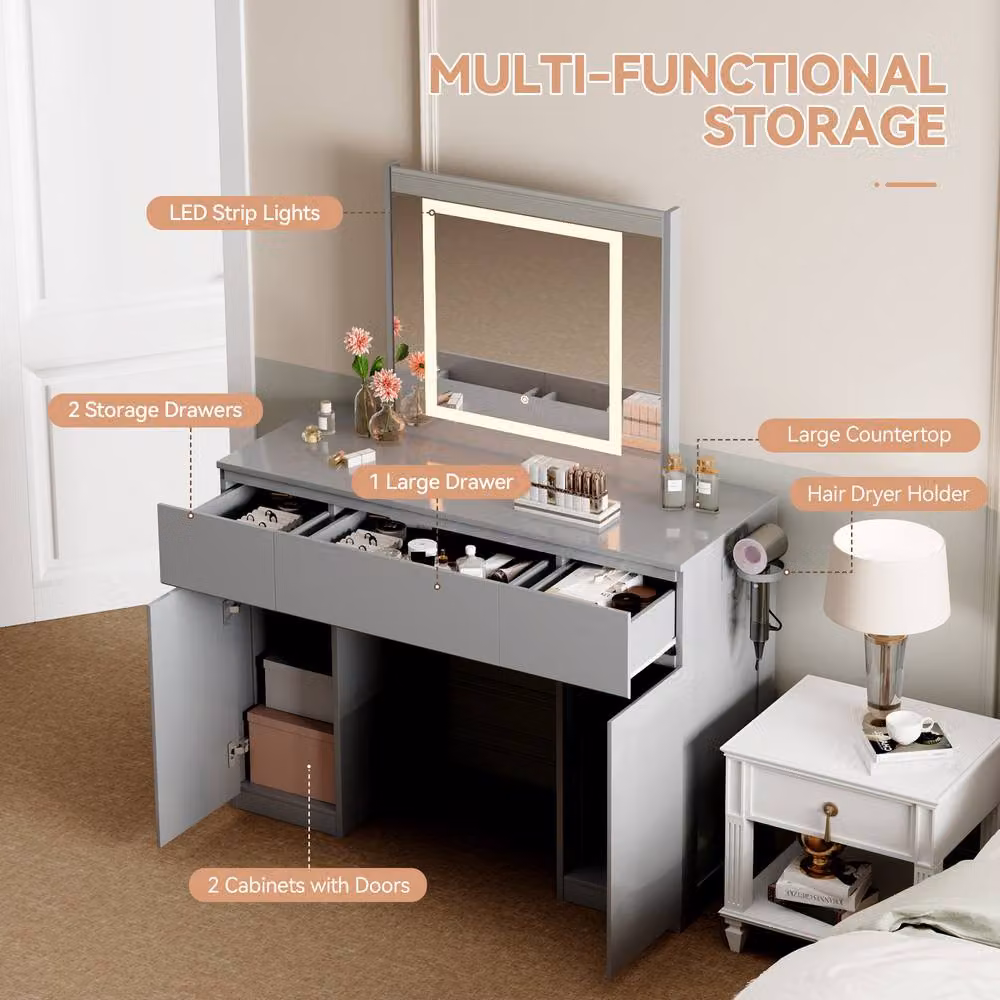 MCC Direct Toronto Grey Glossy Dressing Table with Adjustable LED Mirror – 3