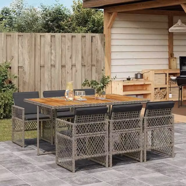 Berkfield Home 7 Piece Grey Poly Rattan Garden Dining Set with Acacia Wood Table and Cushions