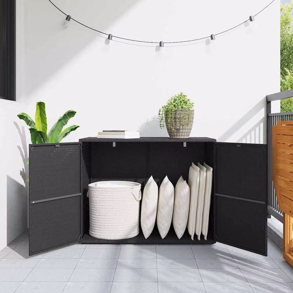 Berkfield Home Garden Storage Cabinet in Black with Acacia Wood and Poly Rattan, W/D/H: 100 x 55.5 x 80 cm – 3