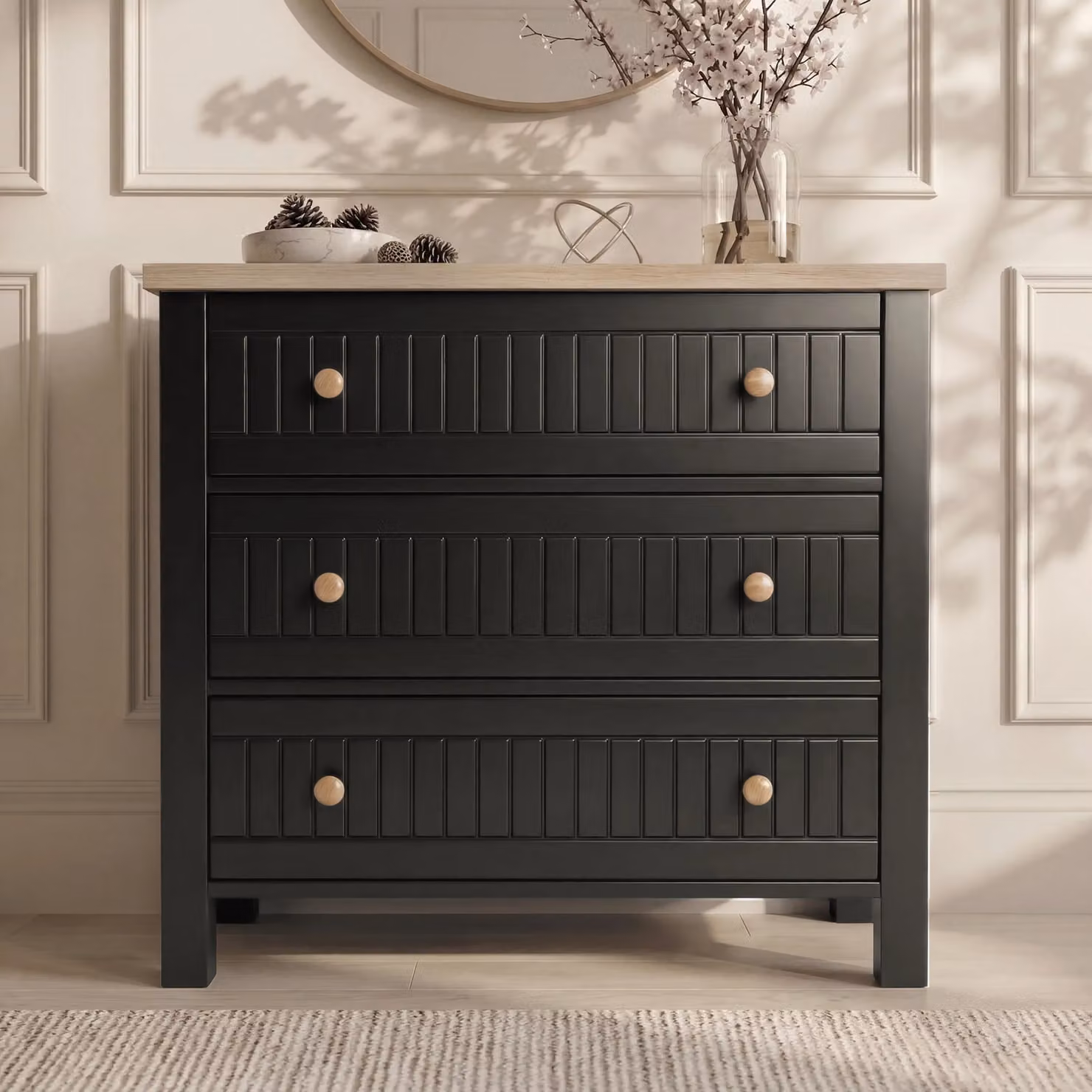 DHS Linra Black Painted 3 Drawer Chest of Drawers with Oak Top H 83 cm x W 80 cm x D 42 cm