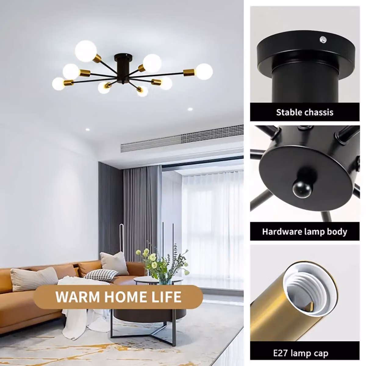 Garwarm 8 Lights Semi Flush Mount Industrial Pendant Light in Black and Gold/Brass – 2