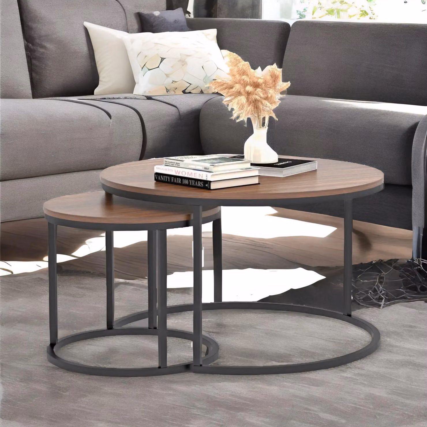 Rafaelo Mobilia Industrial Round Nesting Tables Set in Brown and Black – 2