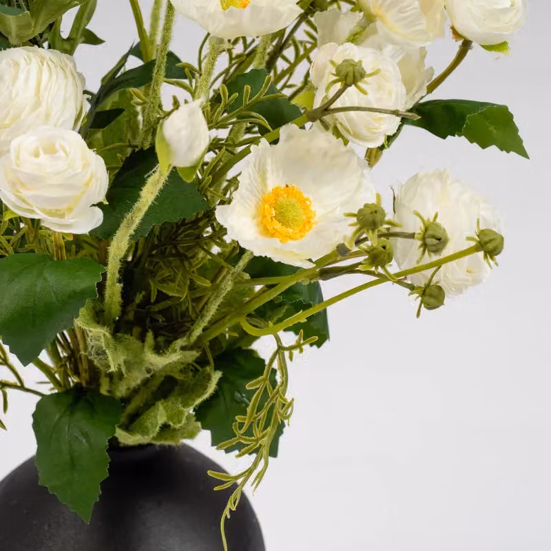 Scottish Everlastings Ltd White Poppy, Rose and Cosmo Mixed Floral Bouquet with Black Vase, H 45 cm, W 15 cm, D 15 cm – 2