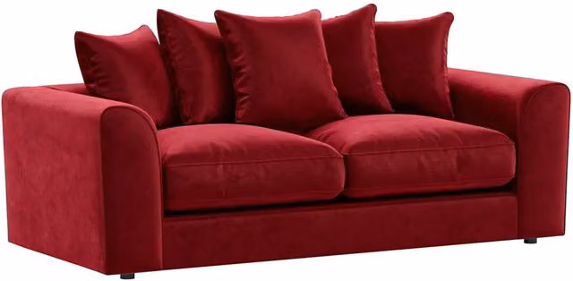 Furnishings For Less UK Brooklyn 3 Seater Sofa in Red Plush Velvet Fabric with Scatter Cushions