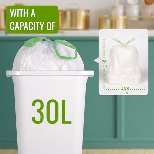 EcoBag Heavy Duty Kitchen Drawstring Bin Liners, 30L, Transparent and White, Pack of 20 – 2
