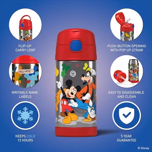Thermos Disney Mickey & Friends FUNtainer Stainless Steel Kids Drinks Flask, Multicolour, 355ml – 7