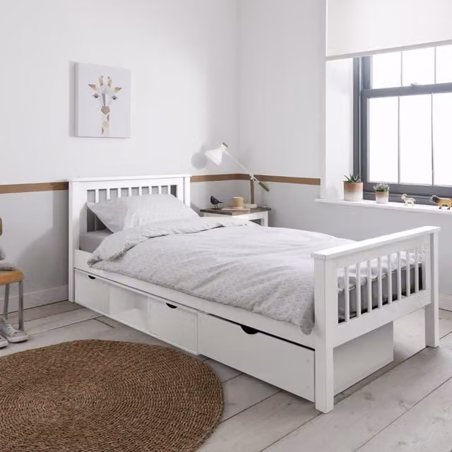 Noa and Nani Hampshire Single Bedframe in White with Oda Drawers and Wood Slats, W/D/H: 90 x 190 x 21.5 cm