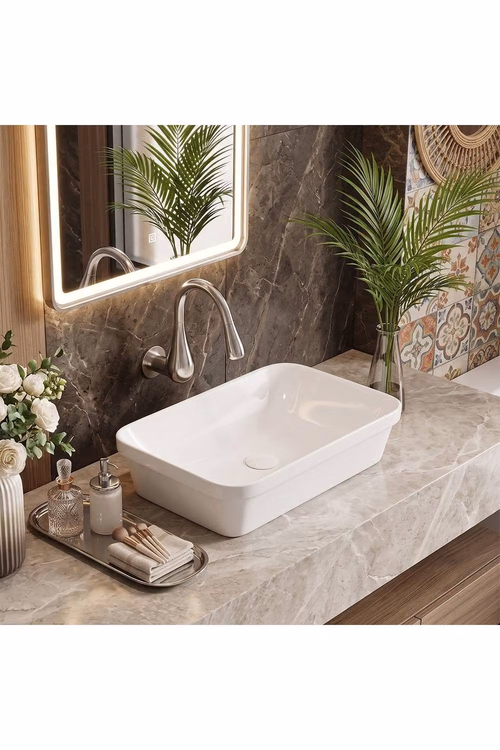 Living and Home White Ceramic Rectangular Countertop Vessel Sink with Waste Kit – 2