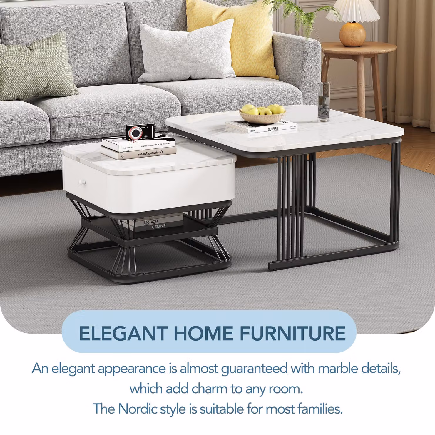 Aosom UK Nesting Coffee Table Set with Open Storage Shelf, White and Black MDF Tops, W/D/H: 70 x 70 x 45 cm – 5