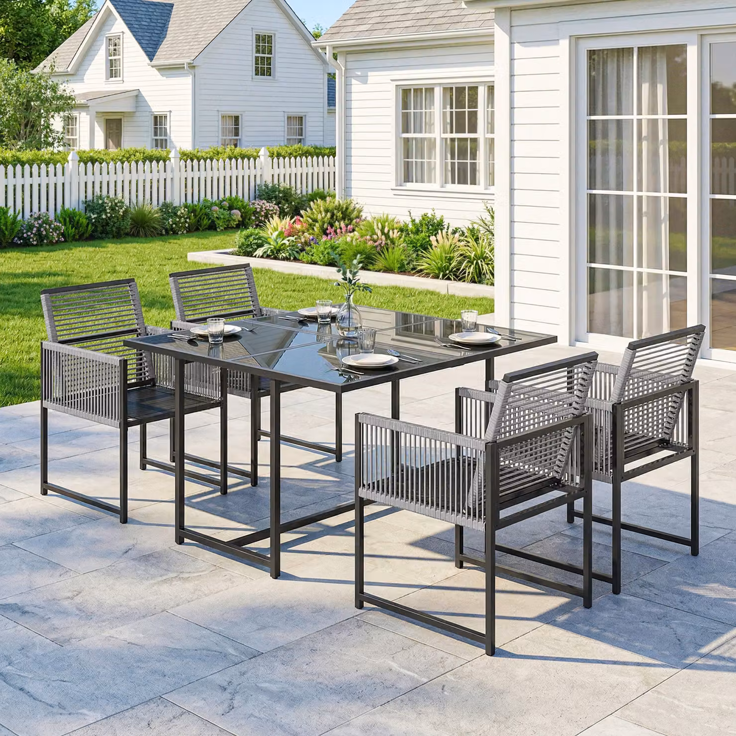Outsunny 5 Piece Garden Dining Set with Glass Top Table and 4 Chairs in Light Grey – 2