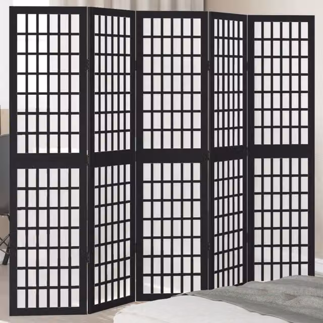 Berkfield Home 5-Panel Room Divider in Black Solid Paulownia Wood – 1