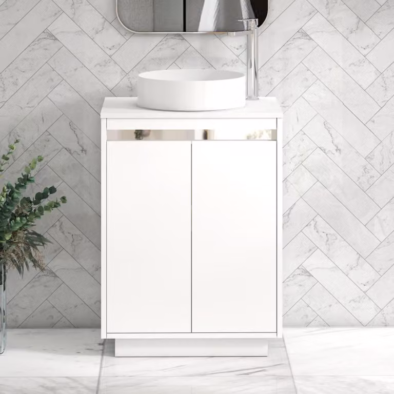 Royal Bathrooms Orion 600mm Matt White Floor Standing 2 Door Vanity Unit with Plain White Undrilled Worktop and Chrome Accent Trim