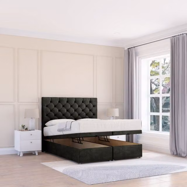 Sloomy Mayfair Dumfries Double Ottoman Bed with Chesterfield Upholstered Fabric Headboard and Hybrid Memory Mattress in Black, W/D/H: 140 x 200 cm